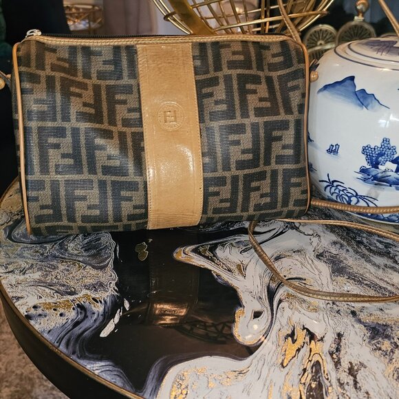 Fendi Zucca Monogram Canvas Crossbody Bag Brown Tan Leather Vintage - Picture 2 of 5